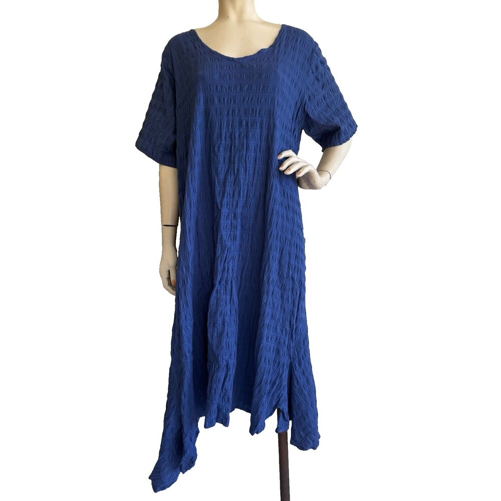 YOU-BE Blue Maxi Dress Asian Art to Wear Lagenlook Asymmetric Hem Oversized M/L